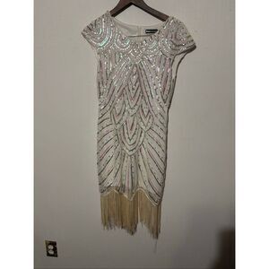 Pretty Guide Women's Size Small Beige Crystal Embellished Party Dress Fringe